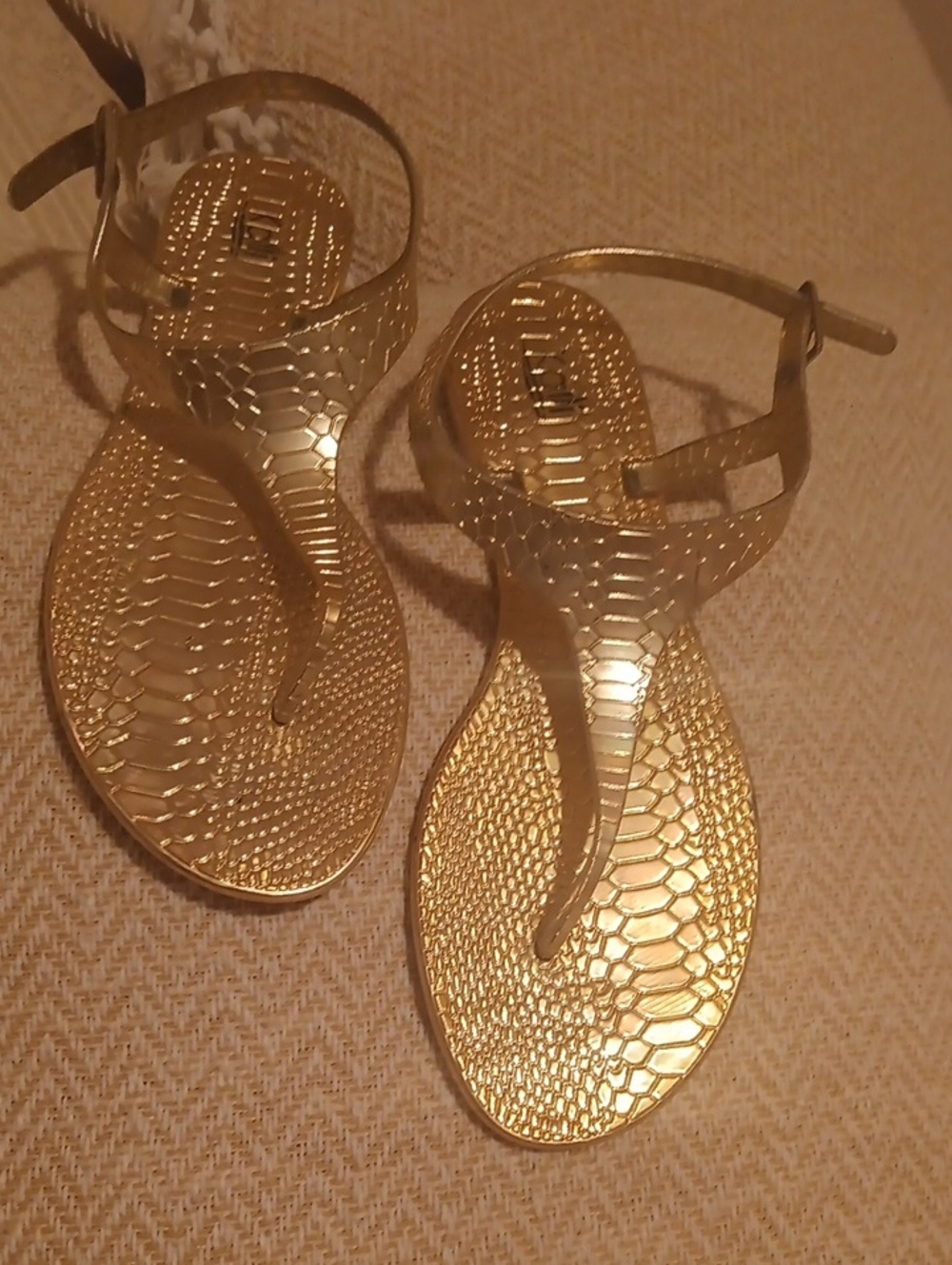 Women’s Metallic Gold T-Strap Sandals with Ankle Strap - Picture 1 of 2